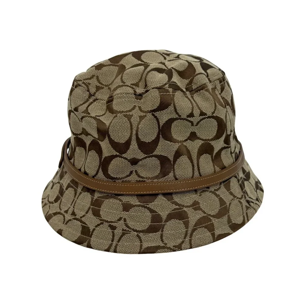 Vintage Coach CC Monogram Bucket Hat Brown/Tan Canvas Vegan Leather Accent Y2K - Picture 6 of 12